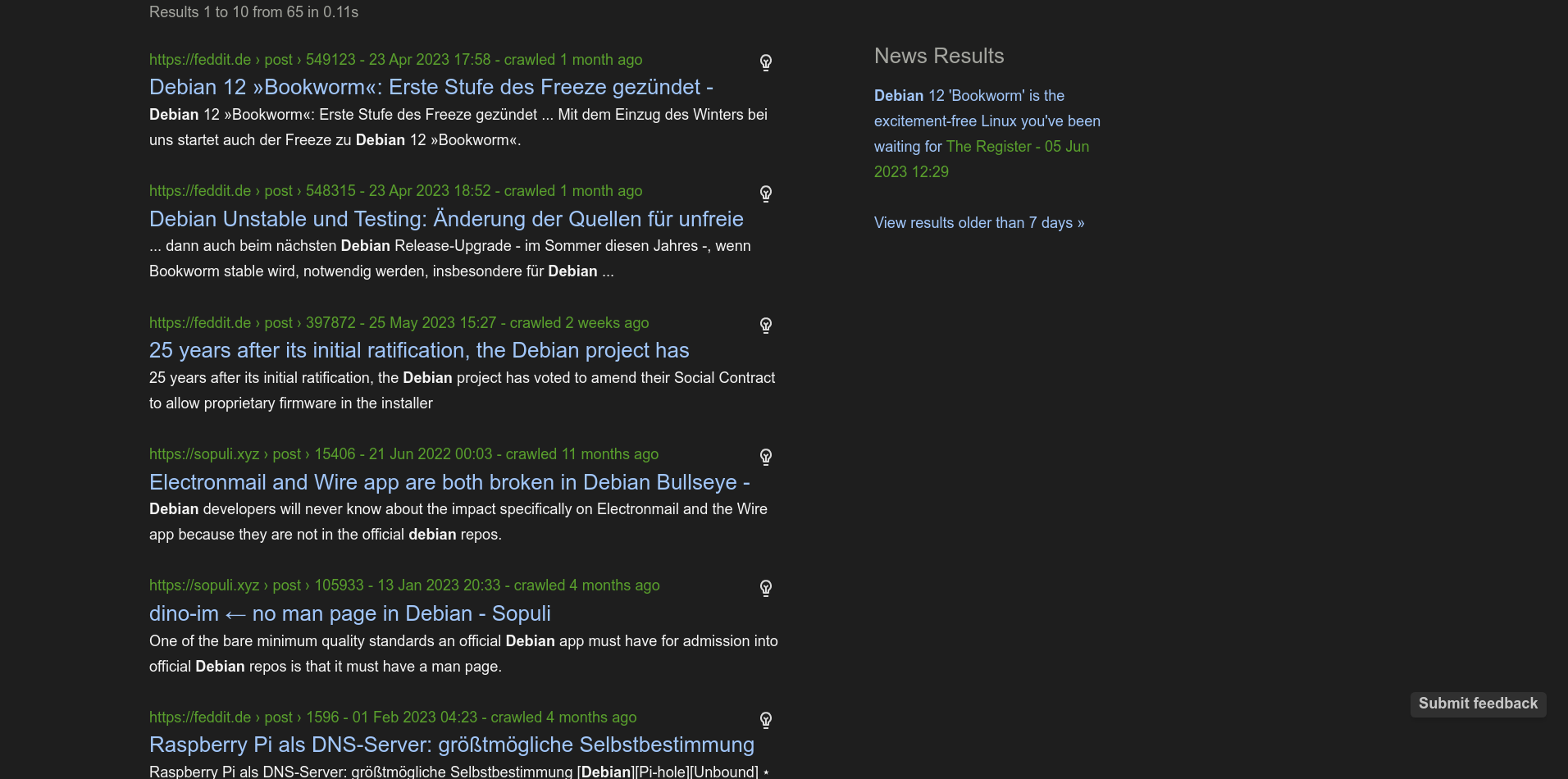 screenshot: Mojeek Focus searching for "Debian"