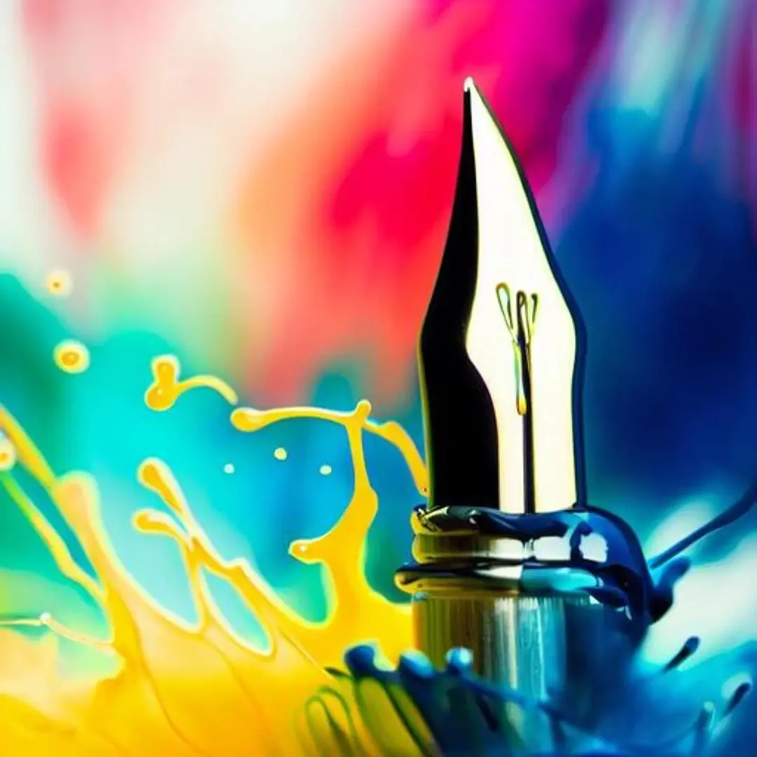 image of nib surrounded by colorful splashes of ink
