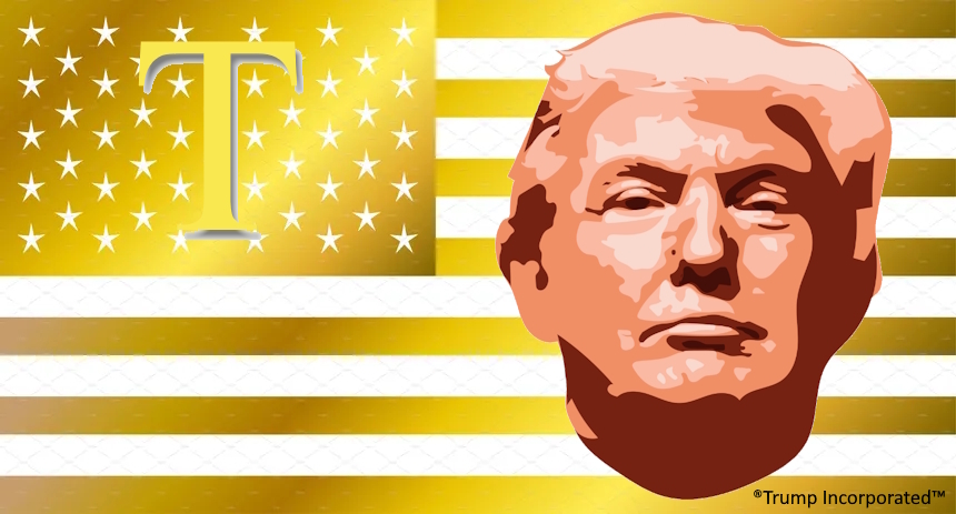 A glorious flag of golden stripes, with gold stars on a gold field enhanced with a magnificent gold T over it. Over the stripes to the right is the image of the greatest President in history! Please recognize that this is SARCASM.