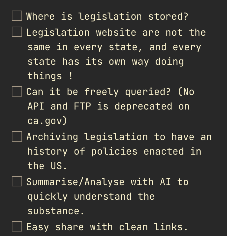 A todo list of problems that will be encountered if we attempt this project, namely the lack of standardisation in legislation site which requires different parsers much like Tachiyomi