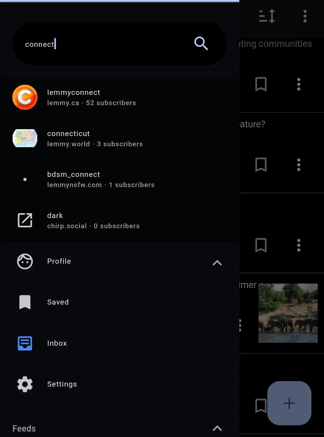screenshot of searching for the Connect community in the sidebar
