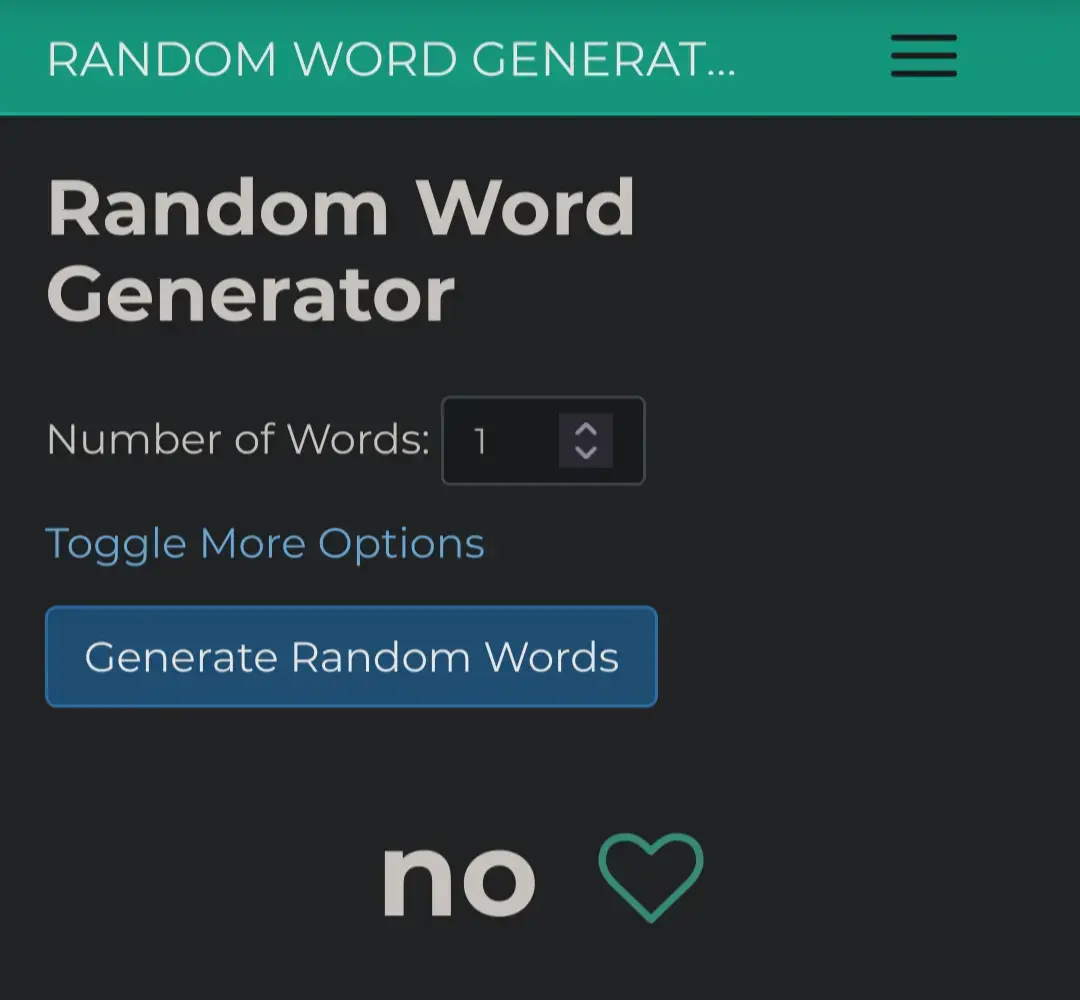 a screenshot of a random word generator. The random word generated is "no"