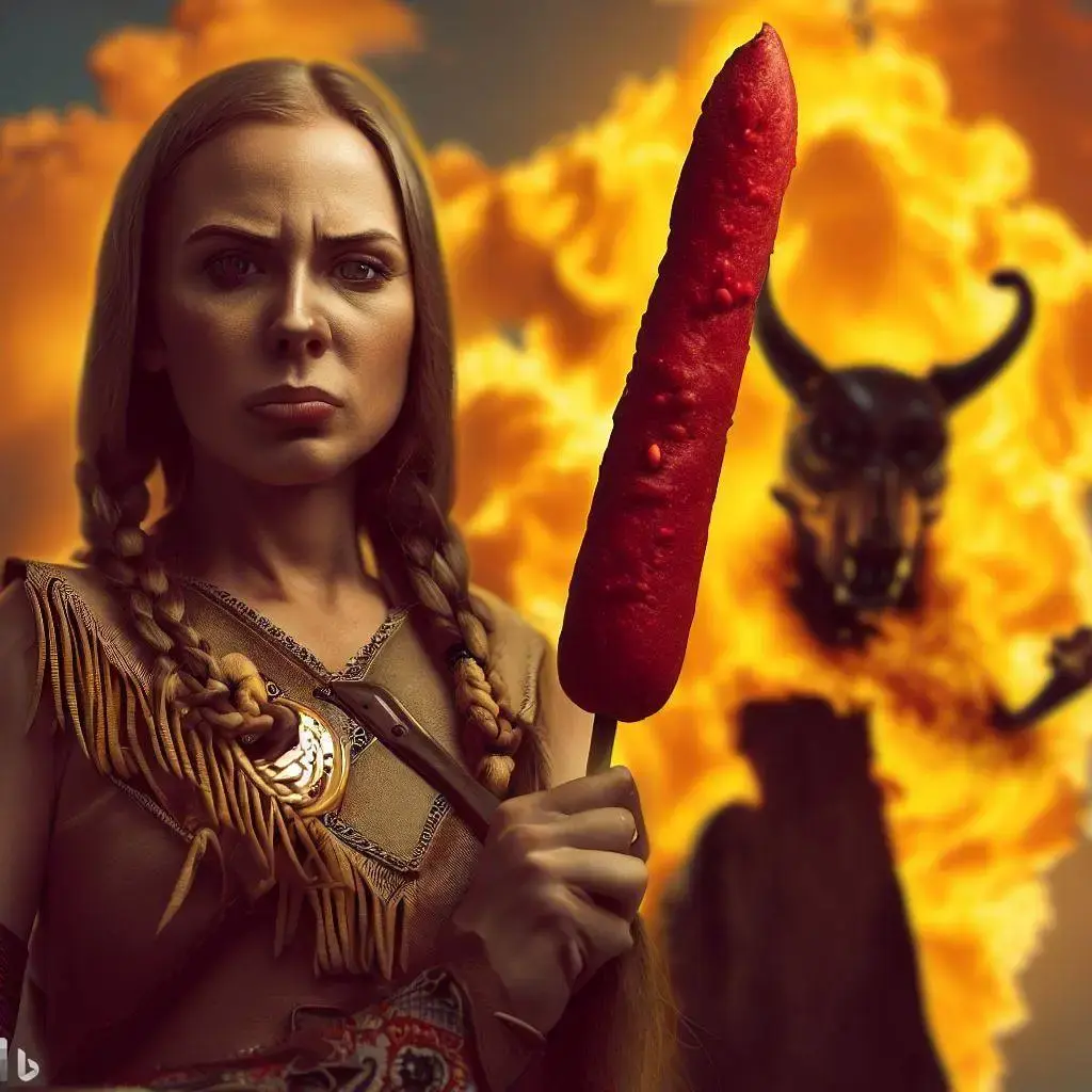 "woman warrior holds a corn dog and faces Satan"