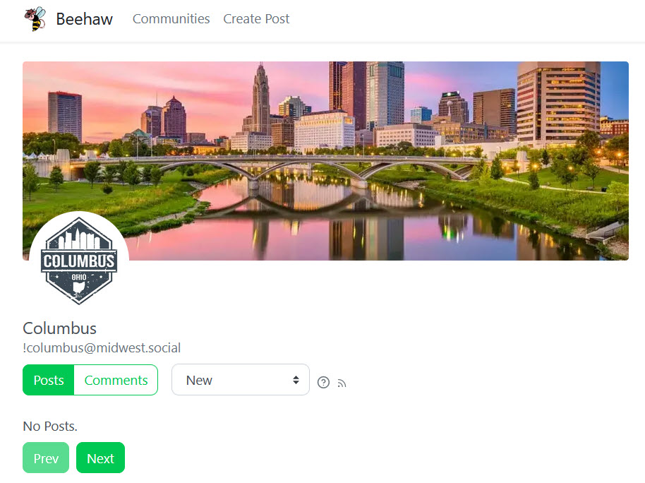 Screenshot of the Columbus Lemmy community. The "Posts" tab is selected, and underneath is a message that reads "No Posts."