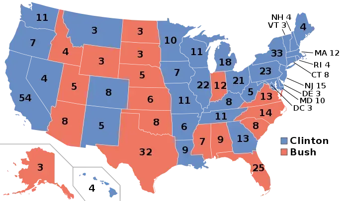 The electoral college map of the 1992 US presidential election. 