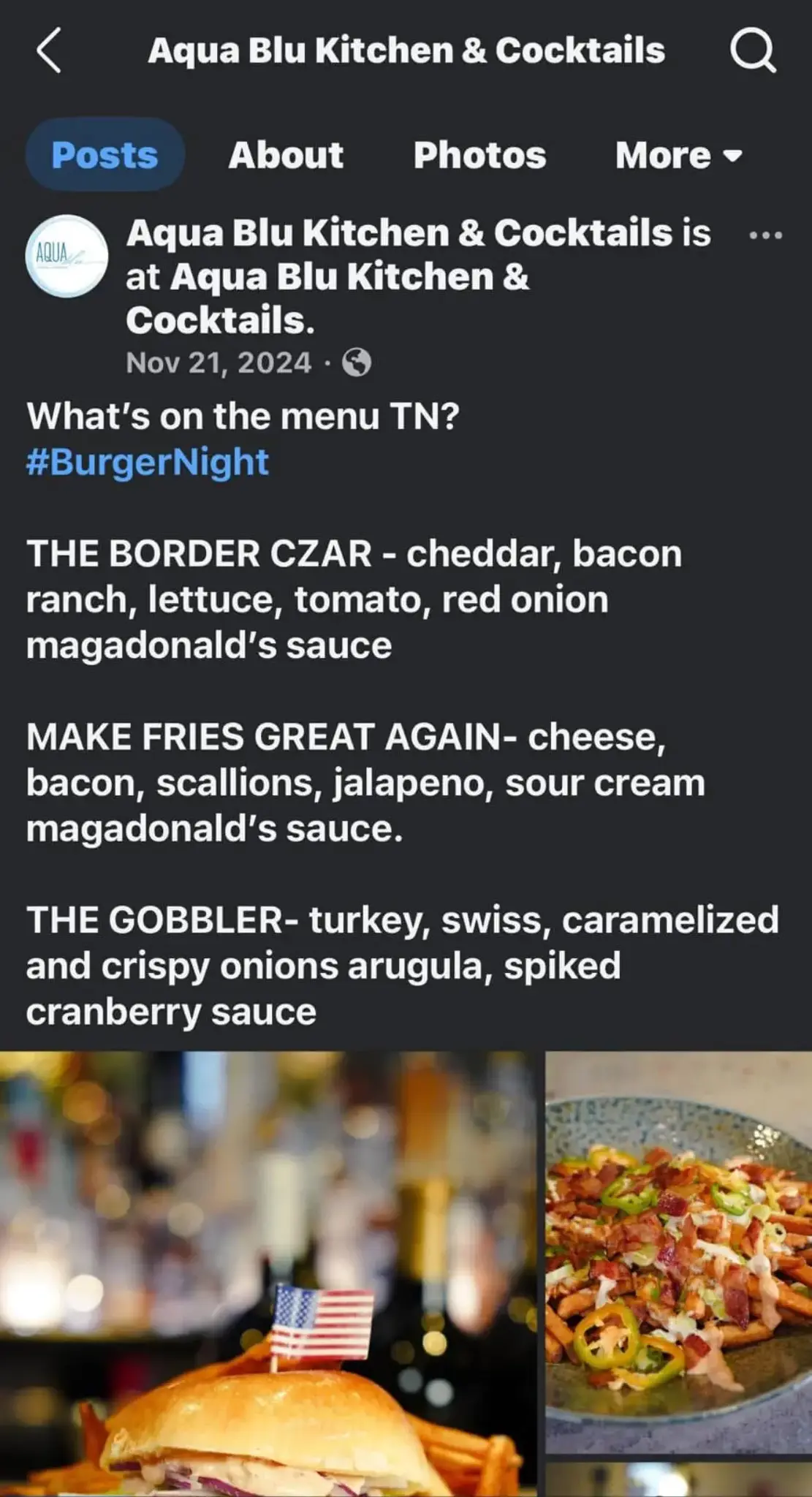 screenshot of social media post advertising burgers named "The Border Czar" and "Make Fries Great Again"